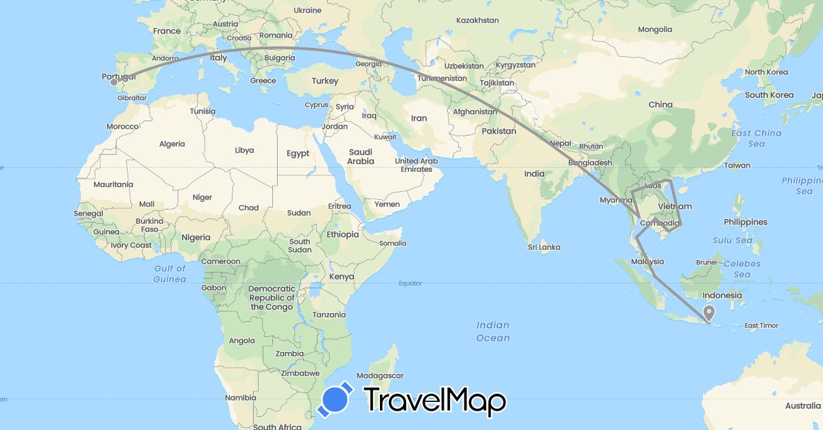 TravelMap itinerary: driving, plane in Indonesia, Cambodia, Portugal, Singapore, Thailand, Vietnam (Asia, Europe)